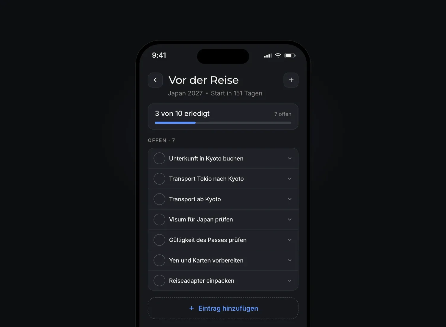 Der Bildschirm "Vor der Abreise" in Floki, mit einer Japanreise, bei der drei von zehn Punkten erledigt sind.
