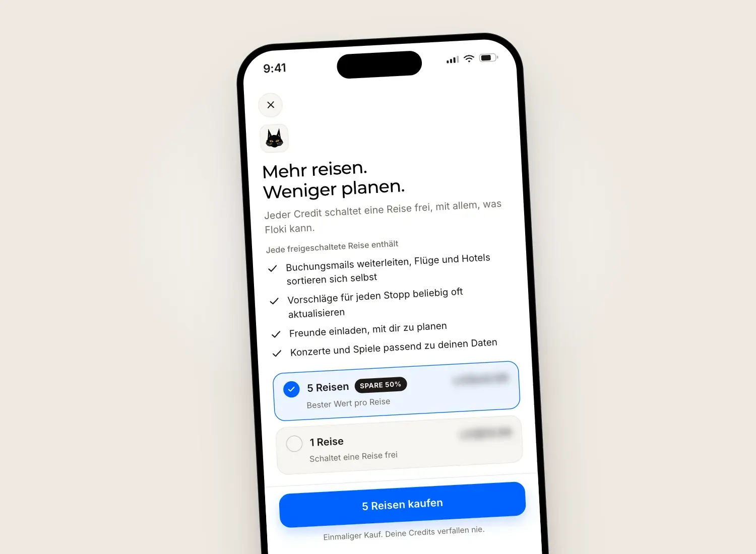 Floki-Kaufbildschirm auf einem iPhone mit zwei Optionen, ein Reise-Credit und ein Fünferpaket, Preise ausgeblendet.