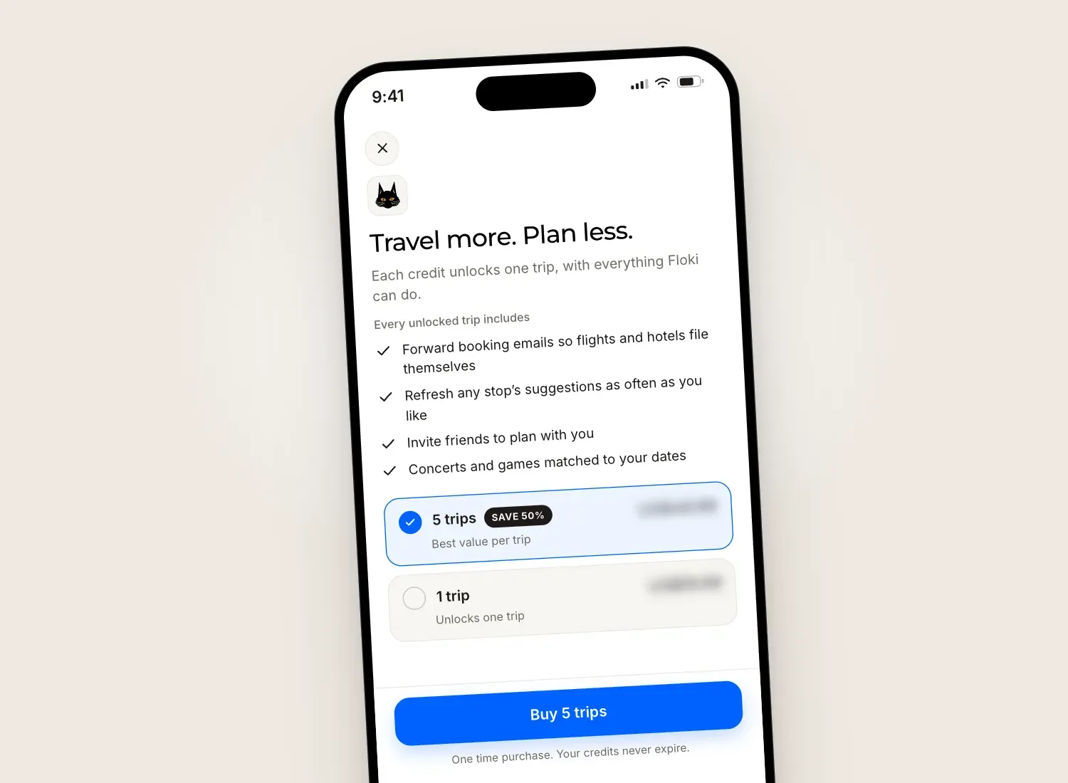 Floki paywall on an iPhone showing two options, one trip credit and a pack of five, with prices hidden.
