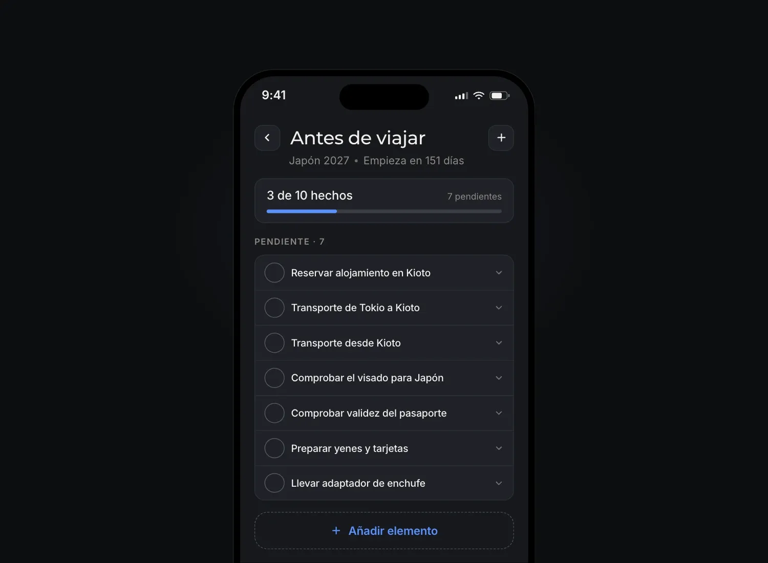 La pantalla "Antes de viajar" en Floki, con un viaje a Japón en el que tres de diez tareas están hechas.