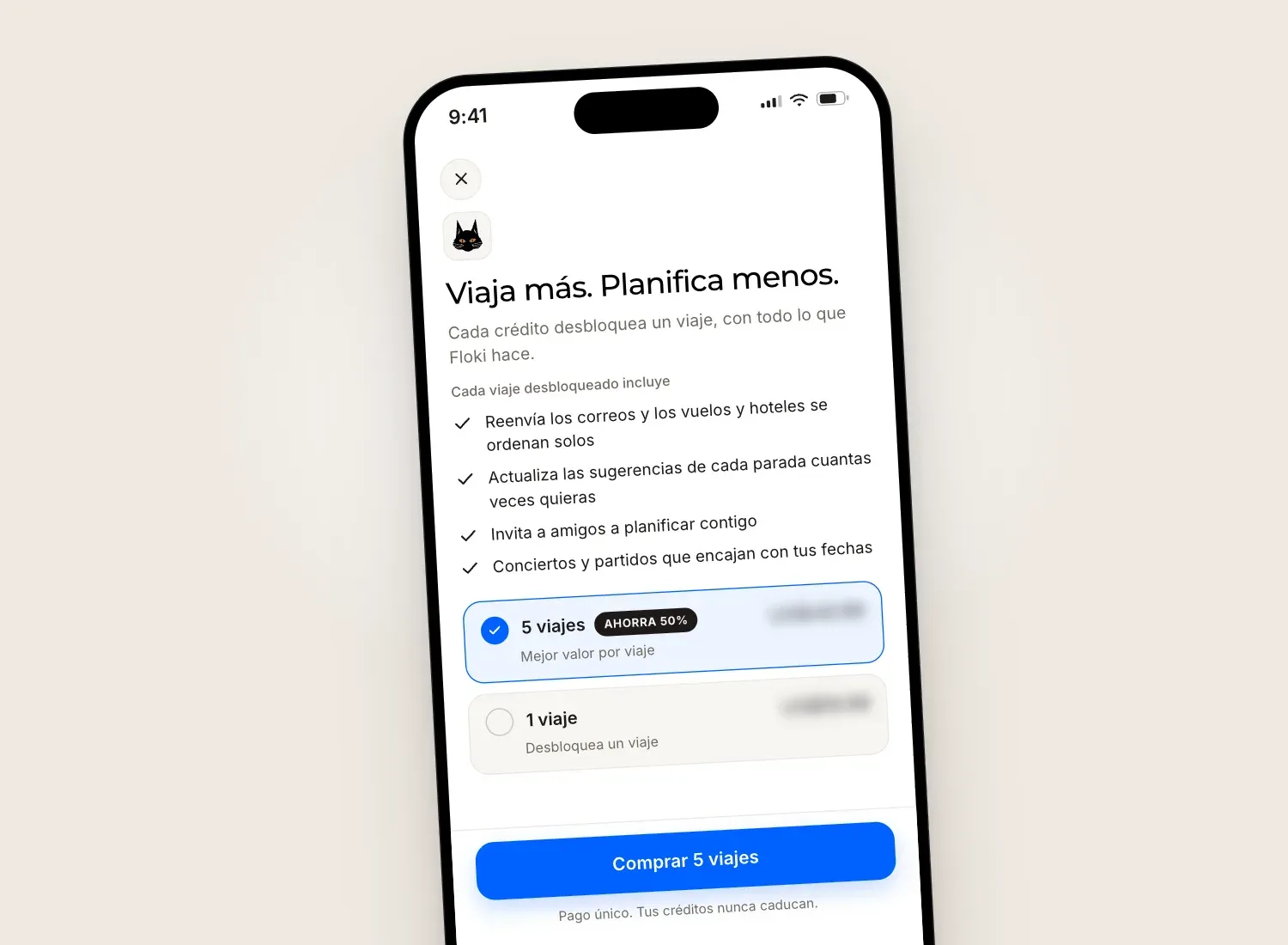 Pantalla de compra de Floki en un iPhone, con dos opciones, un crédito de viaje y un paquete de cinco, con los precios ocultos.