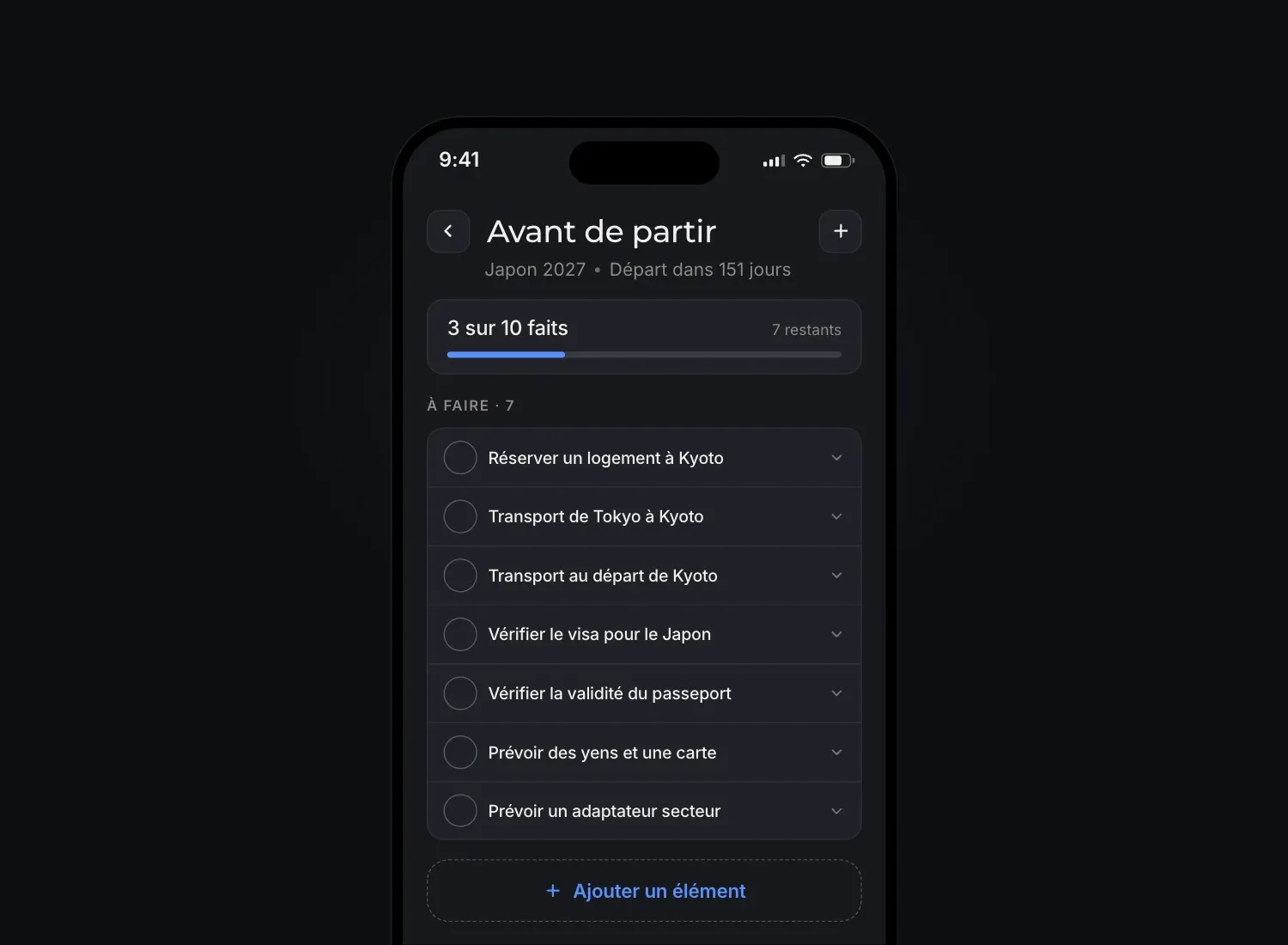 L'écran "Avant de partir" dans Floki, avec un voyage au Japon dont trois éléments sur dix sont faits.