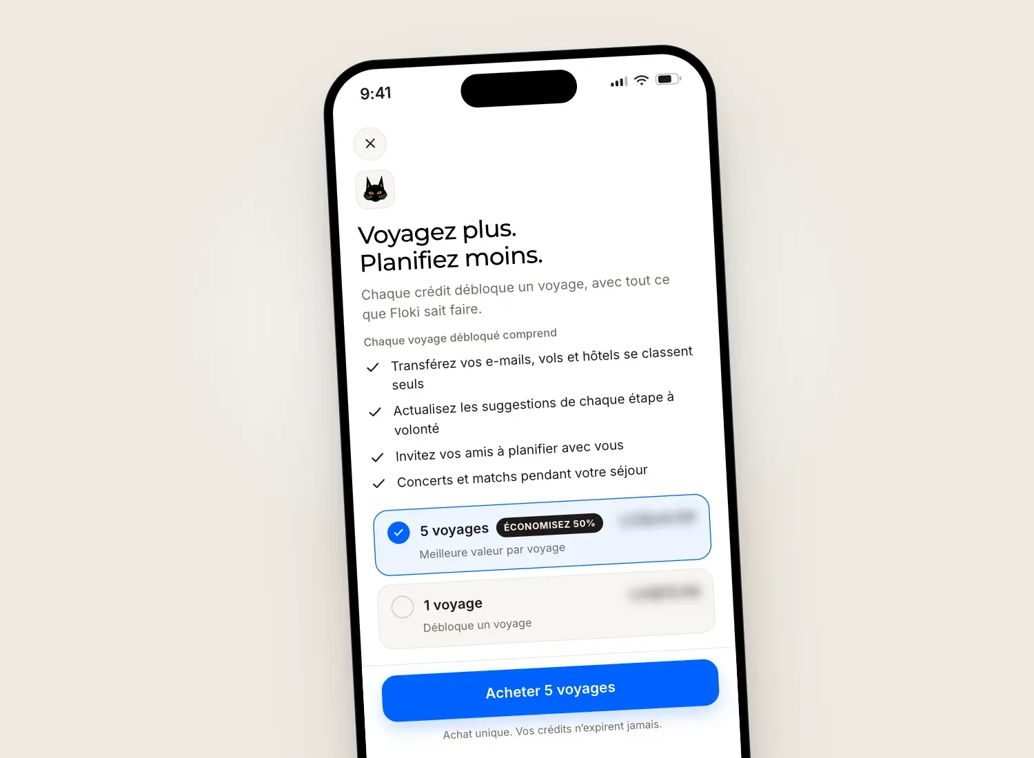 Écran d'achat Floki sur iPhone, avec deux options, un crédit de voyage et un pack de cinq, les prix étant masqués.