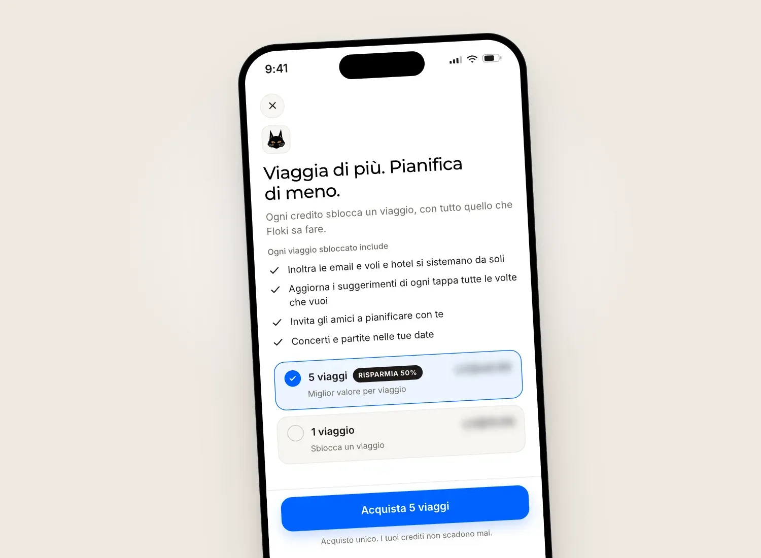 Schermata di acquisto di Floki su iPhone, con due opzioni, un credito viaggio e un pacchetto da cinque, con i prezzi nascosti.
