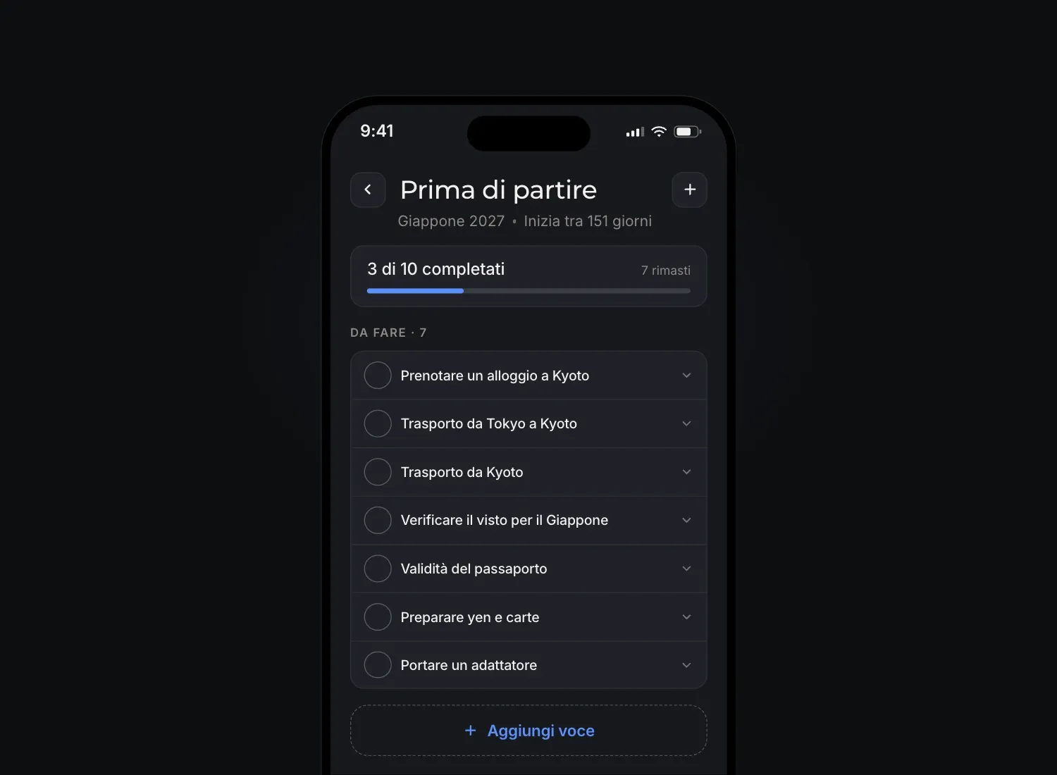 La schermata "Prima di partire" in Floki, con un viaggio in Giappone in cui tre voci su dieci sono completate.