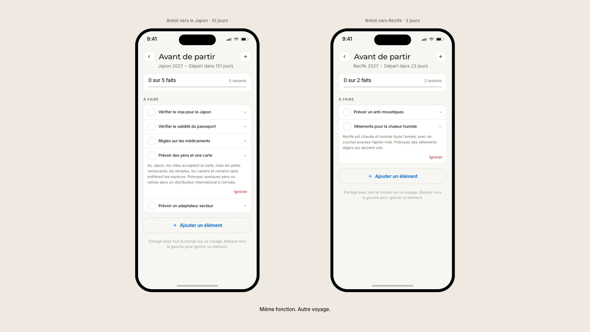 Deux checklists Floki côte à côte. Un voyage Brésil-Japon avec cinq éléments sur le visa, le passeport, les médicaments, les espèces et l'adaptateur. Un week-end à Recife avec seulement deux éléments sur le répulsif et les vêtements.