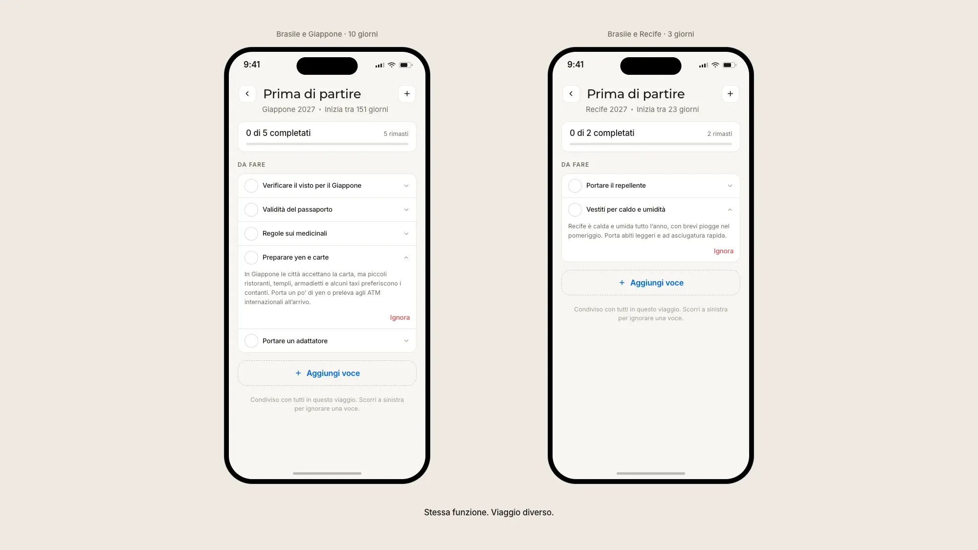 Due checklist Floki affiancate. Un viaggio dal Brasile al Giappone con cinque voci su visto, passaporto, medicinali, contanti e adattatore. Un weekend a Recife dentro il paese con solo due voci, repellente e abbigliamento.
