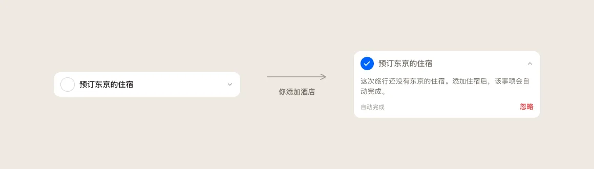 一条"预订东京的住宿"的清单条目,展示添加酒店前后 Floki 自动将其勾选的 变化。