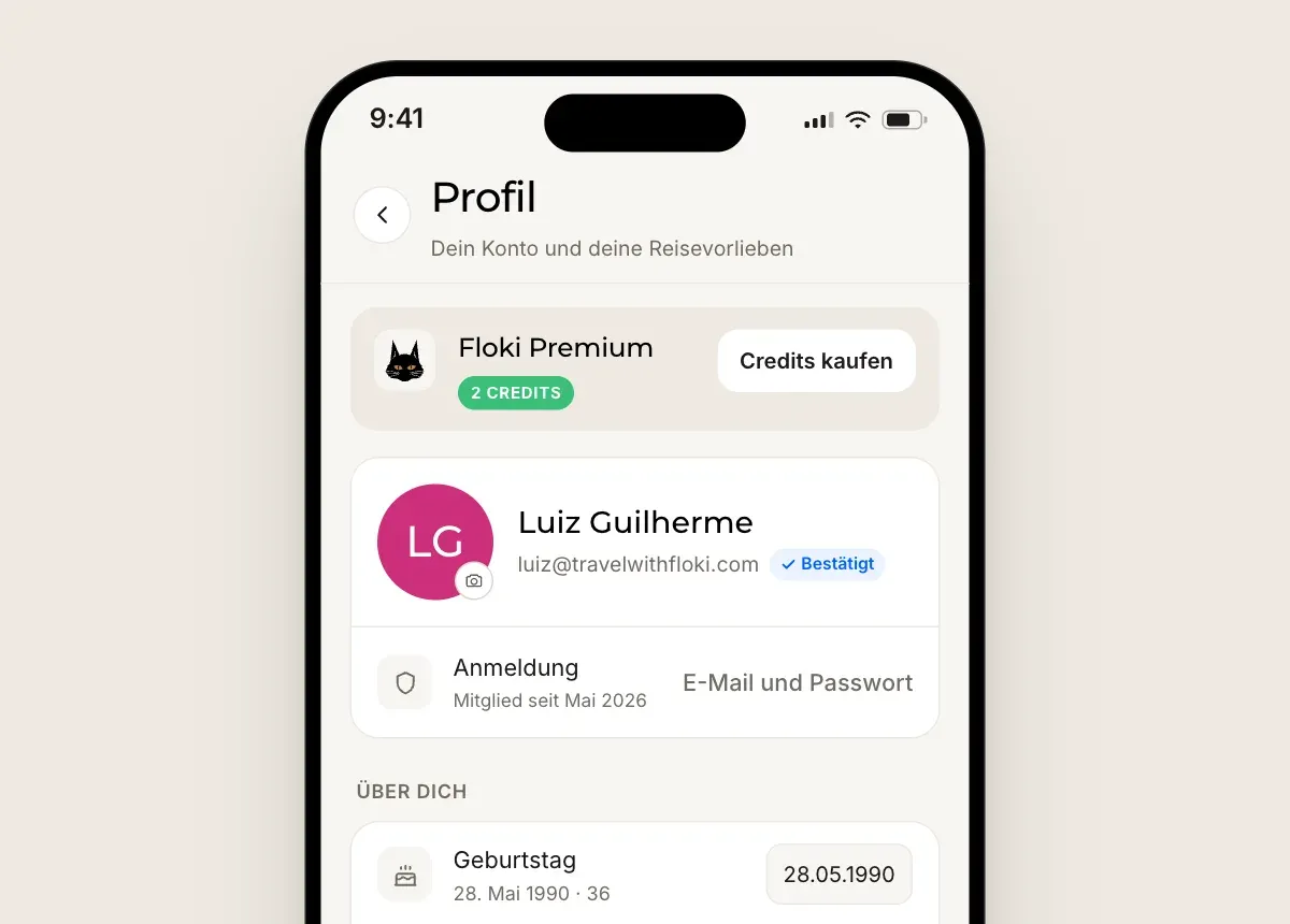 Profilbildschirm mit einem Credit-Guthaben-Badge und einem Button Credits kaufen.