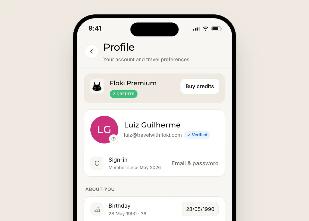 Profile screen showing a credit balance badge and a Buy credits button.
