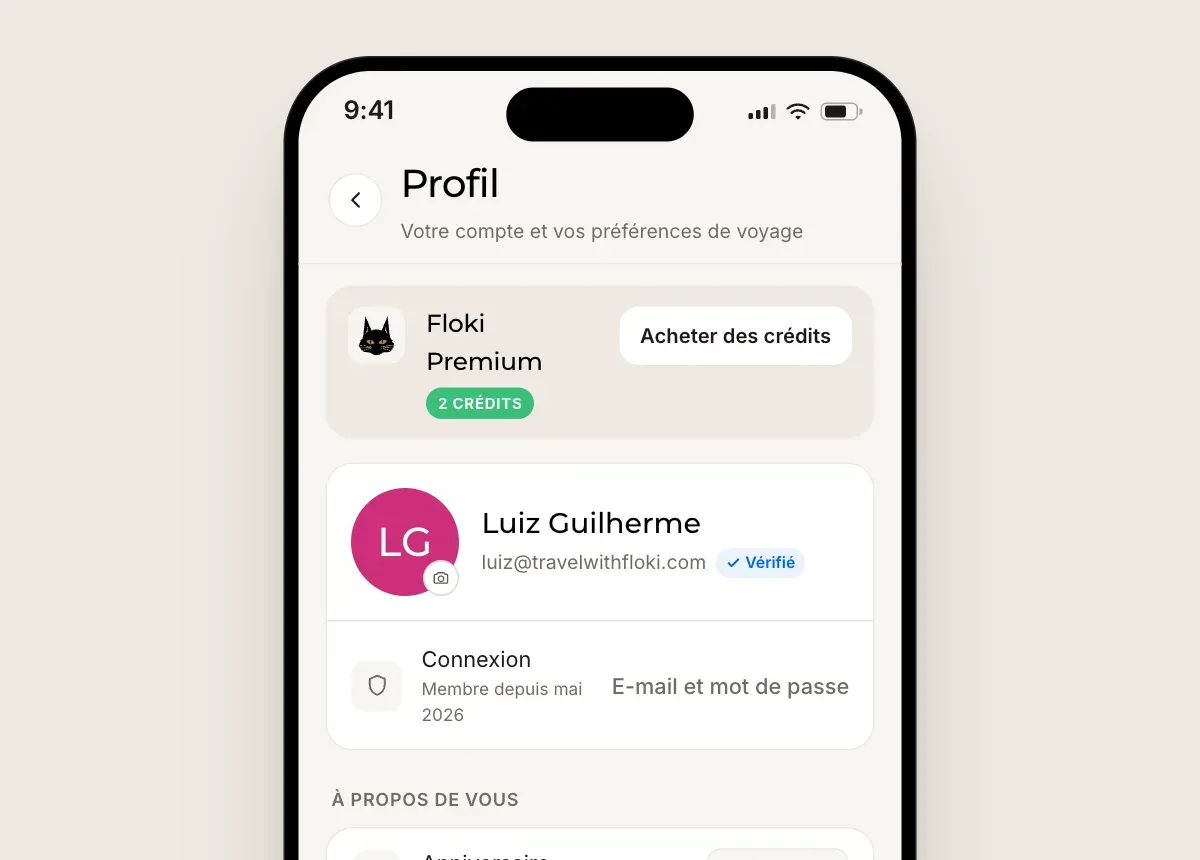 Écran de profil avec un badge de solde de crédits et un bouton Acheter des crédits.