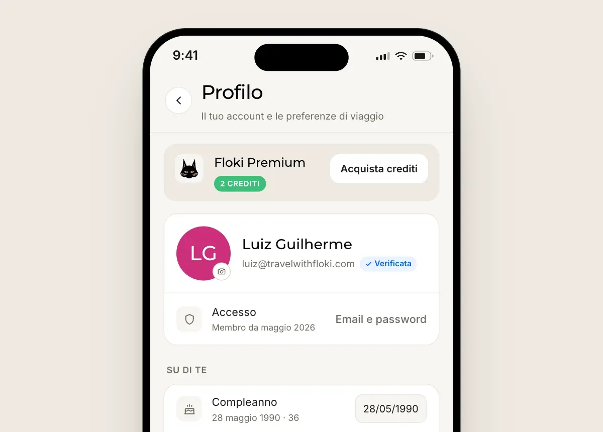 Schermata del profilo con un badge del saldo crediti e un pulsante Acquista crediti.