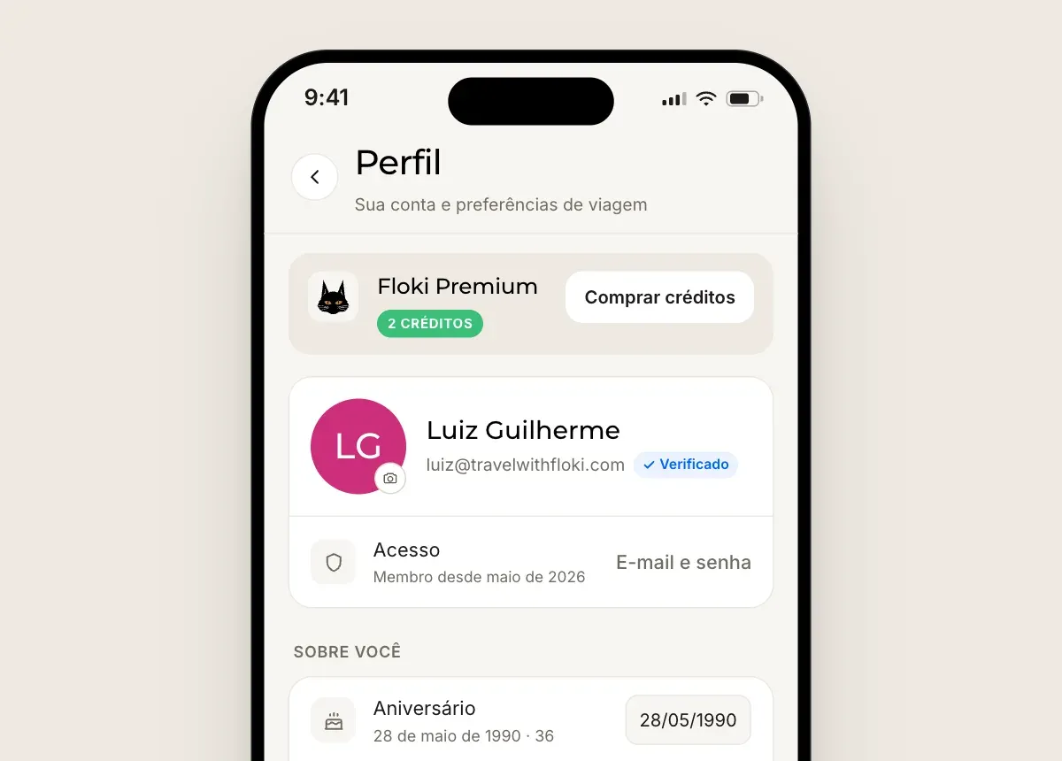 Tela de perfil mostrando um selo com o saldo de créditos e um botão Comprar créditos.