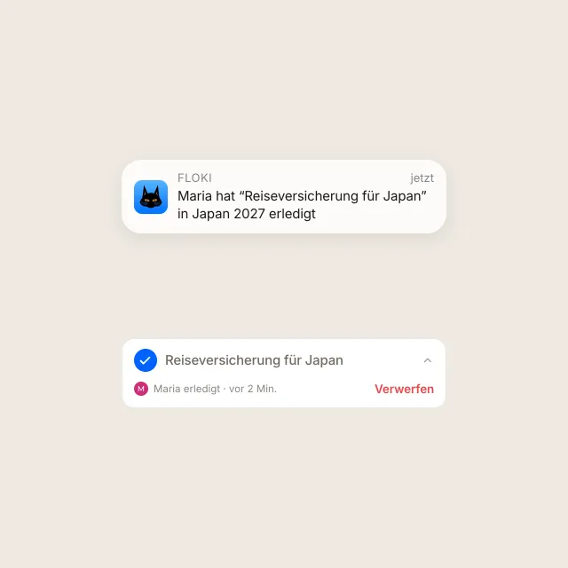 Eine iPhone-Mitteilung auf dem Sperrbildschirm, die sagt, dass Maria einen Punkt abgehakt hat, darunter die passende Checklistenzeile mit Angabe, wer sie wann abgehakt hat.