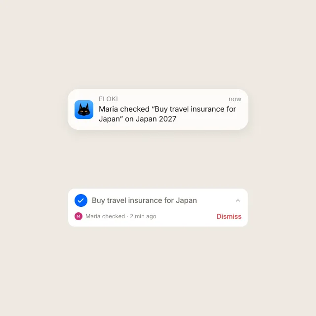 An iPhone lock screen notification saying Maria checked an item, above the matching checklist row showing who ticked it and when.