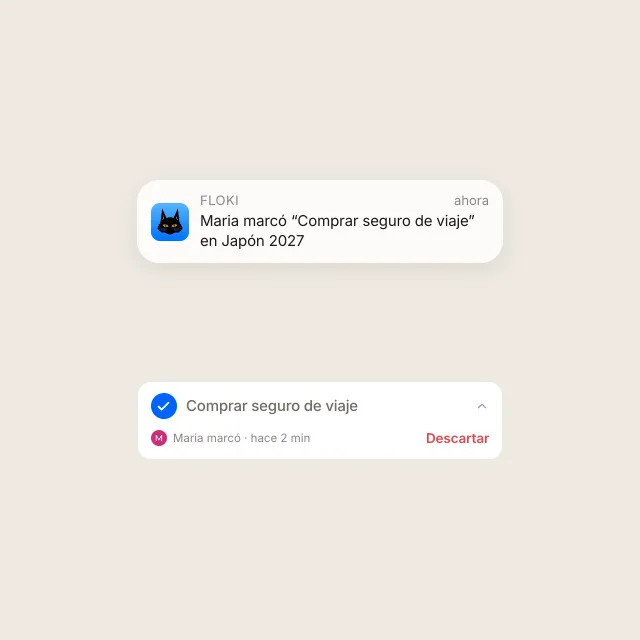 Una notificación de iPhone en la pantalla de bloqueo que dice que Maria marcó una tarea, encima de la fila correspondiente de la checklist, que muestra quién la marcó y cuándo.