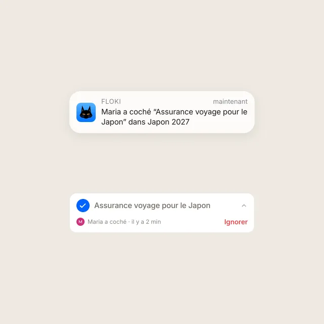 Une notification iPhone sur l'écran verrouillé indiquant que Maria a coché un élément, au-dessus de la ligne de checklist correspondante montrant qui l'a cochée et quand.