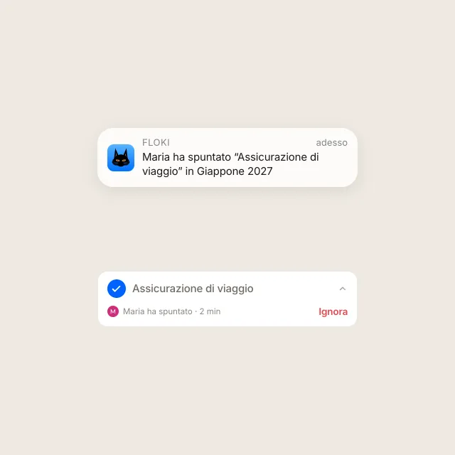 Una notifica iPhone sulla schermata di blocco che dice che Maria ha spuntato una voce, sopra la riga corrispondente della checklist, che mostra chi l'ha spuntata e quando.