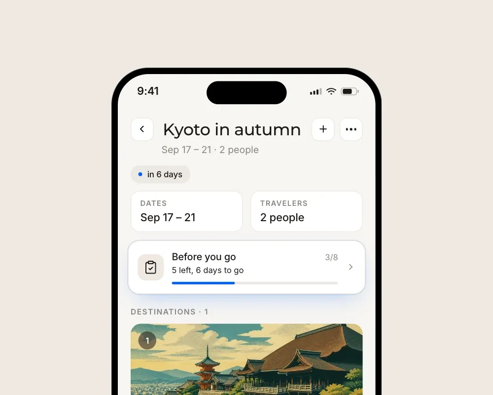 A Floki trip page with the Before you go card sitting between the trip dates and the destinations list.