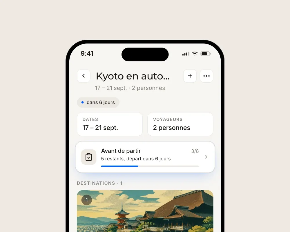 Une page de voyage Floki avec la carte "Avant de partir" placée entre les dates du voyage et la liste des destinations.