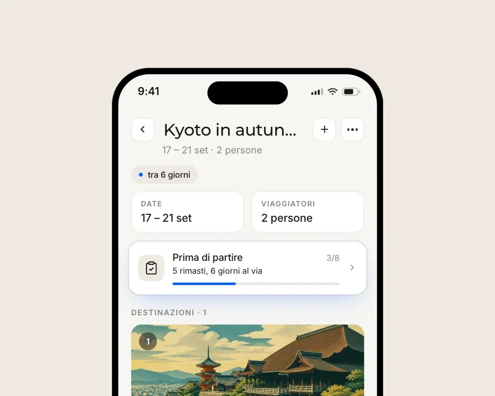 Una pagina di viaggio Floki con la scheda "Prima di partire" tra le date del viaggio e l'elenco delle destinazioni.