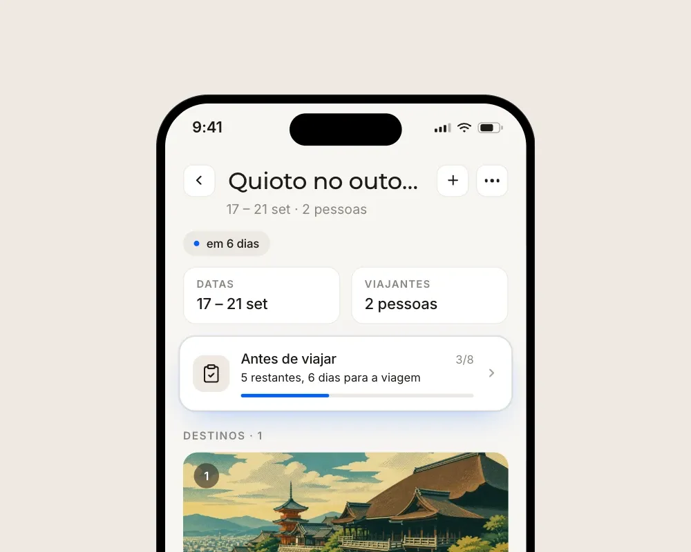 Uma página de viagem no Floki com o card "Antes de viajar" entre as datas da viagem e a lista de destinos.