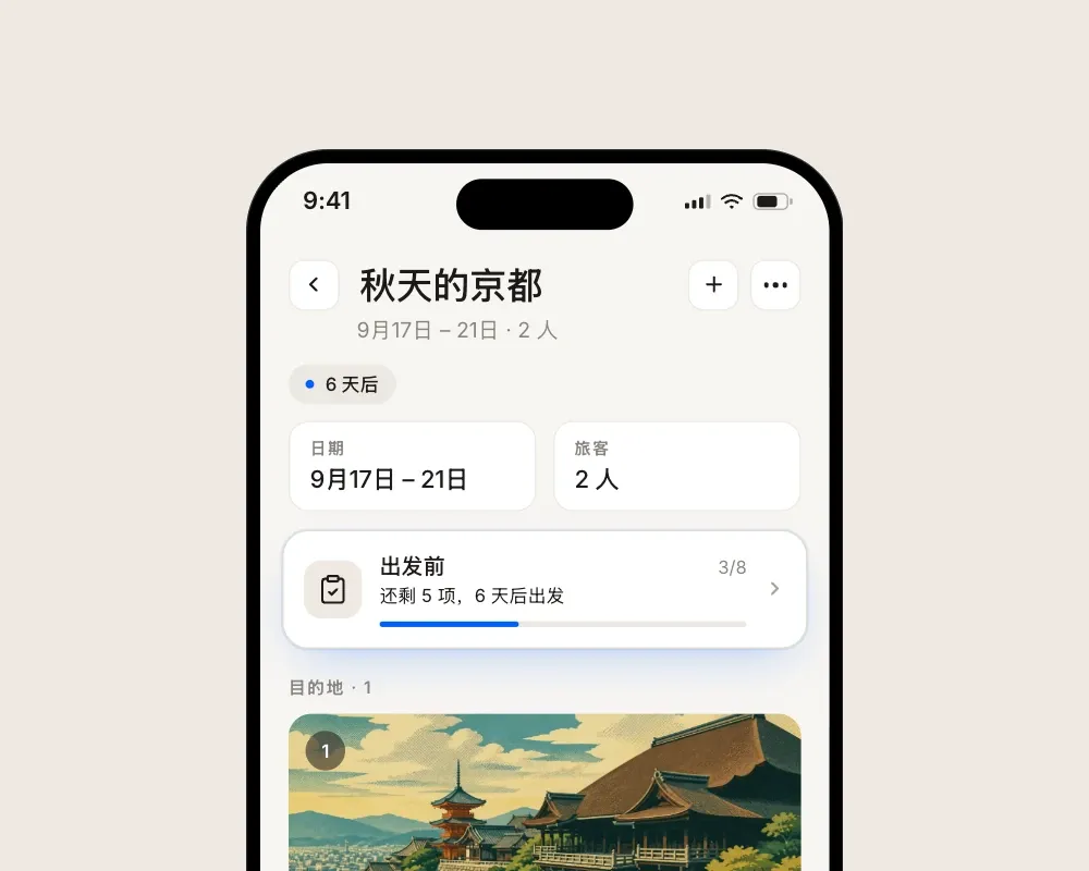 Floki 的行程页面,"出发前"卡片位于行程日期和目的地列表之间。