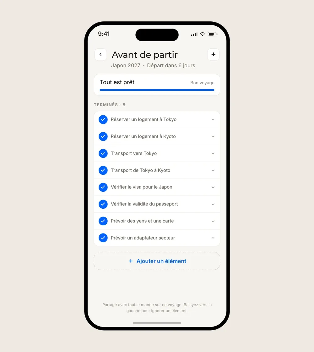 Une checklist Floki terminée affichant "Tout est prêt, bon voyage", avec tous les éléments cochés.
