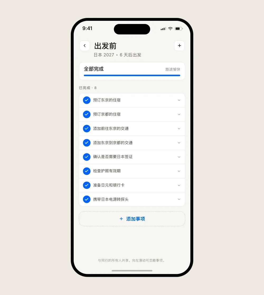 一份已完成的 Floki 清单,显示"全部就绪,旅途愉快",所有条目都已勾选。