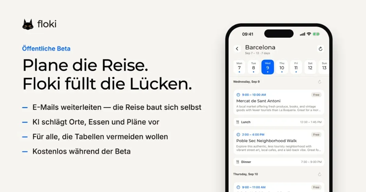 Die Floki-App auf einem iPhone, neben einer kurzen Liste ihrer Funktionen