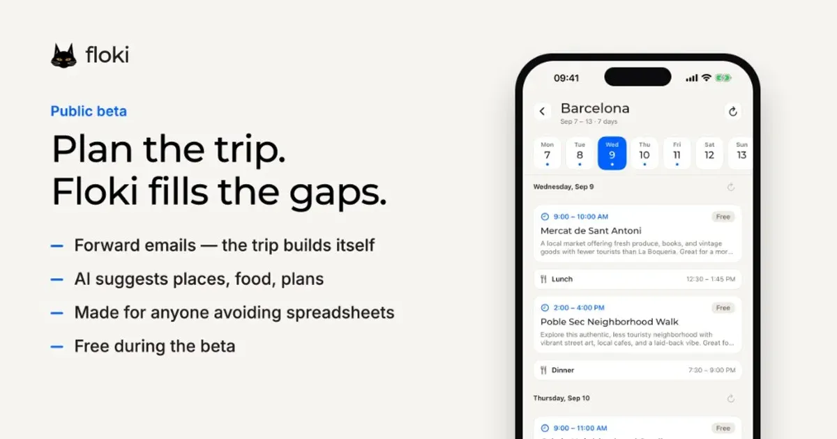 The Floki app on an iPhone, next to a short list of what it does