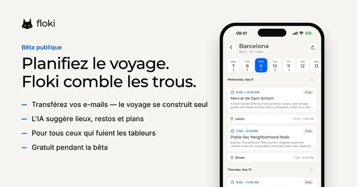 L'app Floki sur un iPhone, à côté d'une courte liste de ce qu'elle fait