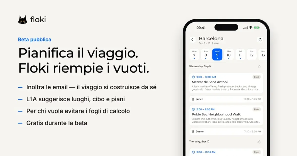 L'app Floki su un iPhone, accanto a un breve elenco di cosa fa