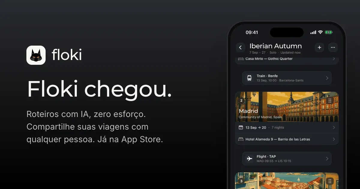 O aplicativo Floki num iPhone, ao lado do título Floki chegou