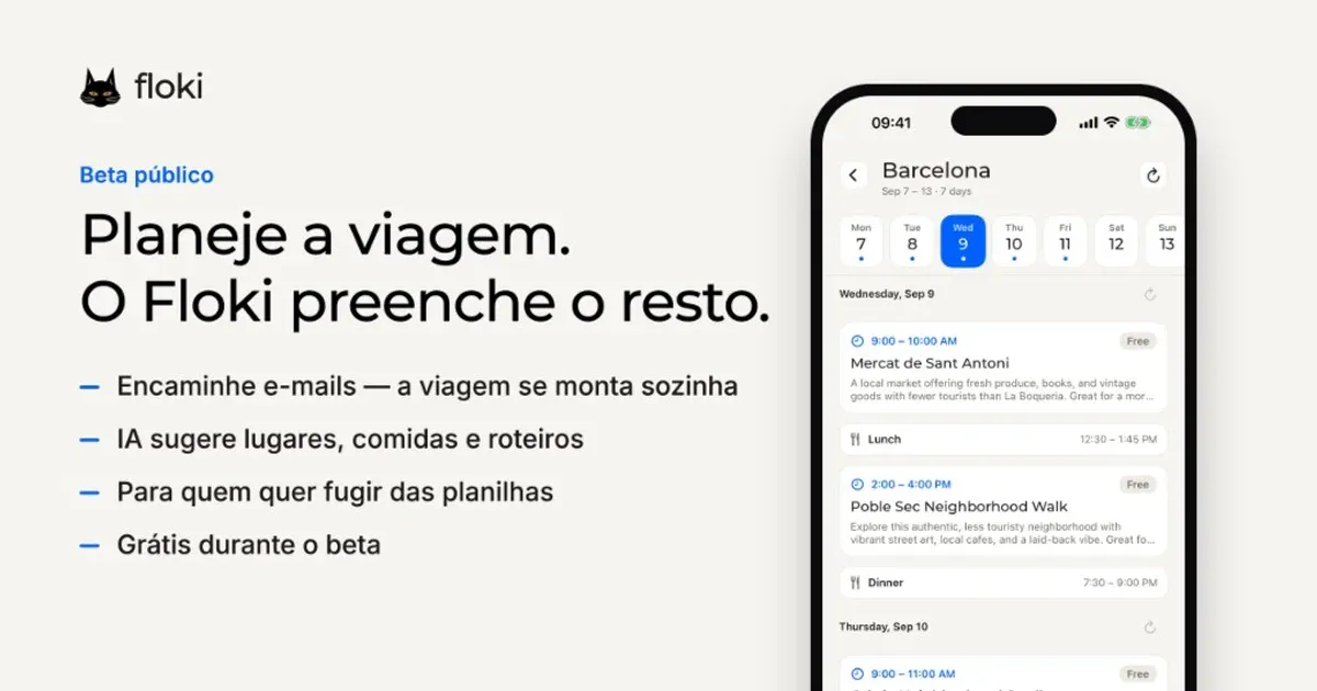O aplicativo Floki num iPhone, ao lado de uma lista curta do que ele faz